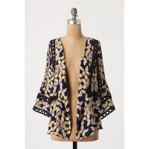Anthropologie Floral Kimono Blouse - Black and Yellow